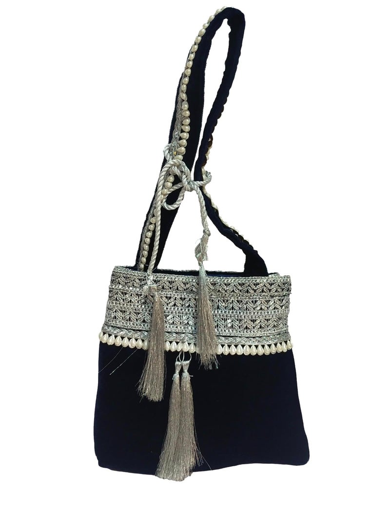 athizay Blue Velvet Handbag for women potli bag which opens to a small shoulder bag for ladies with handcrafted Moti work Strap Multi purpose bag Regal and Royal look - Image 2