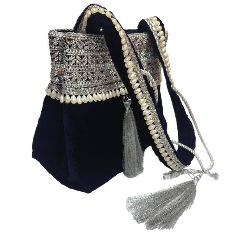 athizay Blue Velvet Handbag for women potli bag which opens to a small shoulder bag for ladies with handcrafted Moti work Strap Multi purpose bag Regal and Royal look - Image 5