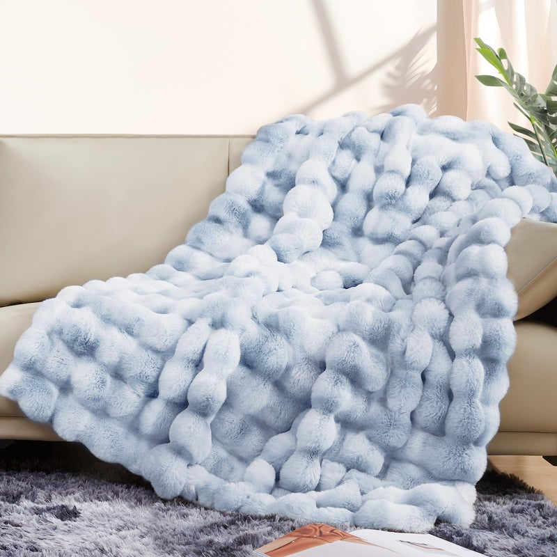 Touchat Luxury 1000GSM Faux Rabbit Fur Throw Blanket, Super Heavy Warm Cozy Grey Blankets for Couch Bed Sofa, Ruched Plush Fuzzy Elegant Soft Reversible Mink Blanket for Living Room Bedroom, Blue - Image 3