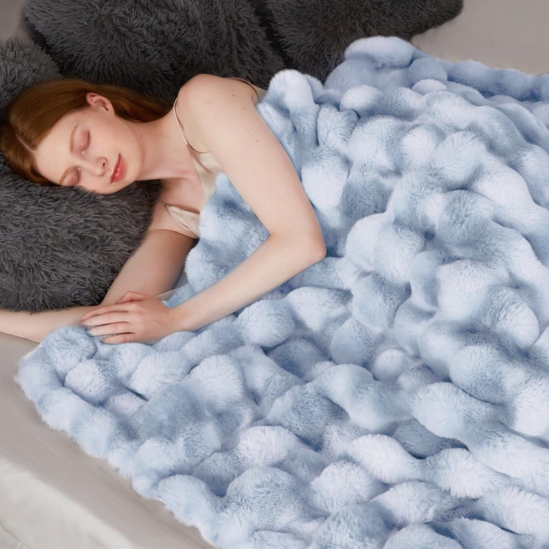 Touchat Luxury 1000GSM Faux Rabbit Fur Throw Blanket, Super Heavy Warm Cozy Grey Blankets for Couch Bed Sofa, Ruched Plush Fuzzy Elegant Soft Reversible Mink Blanket for Living Room Bedroom, Blue - Image 4