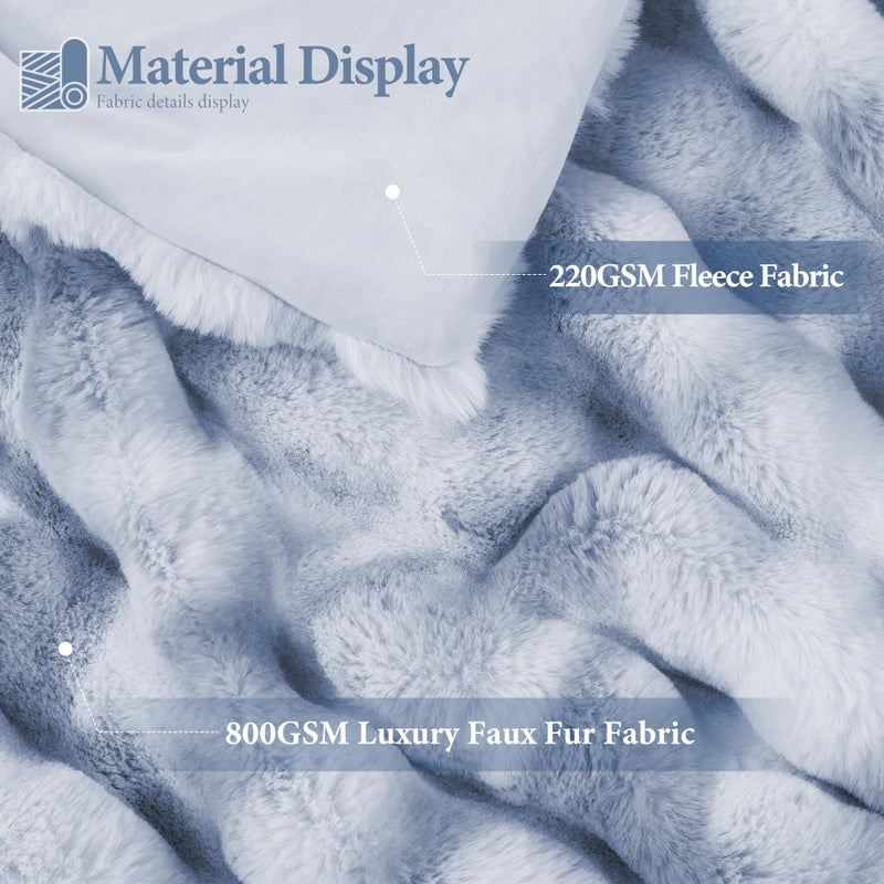 Touchat Luxury 1000GSM Faux Rabbit Fur Throw Blanket, Super Heavy Warm Cozy Grey Blankets for Couch Bed Sofa, Ruched Plush Fuzzy Elegant Soft Reversible Mink Blanket for Living Room Bedroom, Blue - Image 2