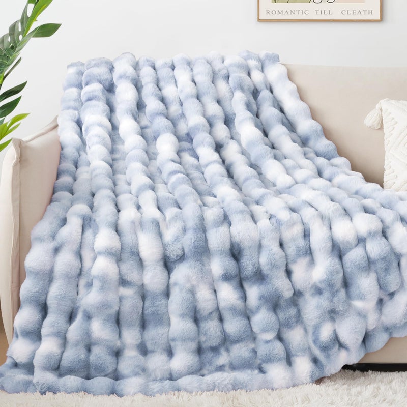 Touchat Luxury 1000GSM Faux Rabbit Fur Throw Blanket, Super Heavy Warm Cozy Grey Blankets for Couch Bed Sofa, Ruched Plush Fuzzy Elegant Soft Reversible Mink Blanket for Living Room Bedroom, Blue - Image 5