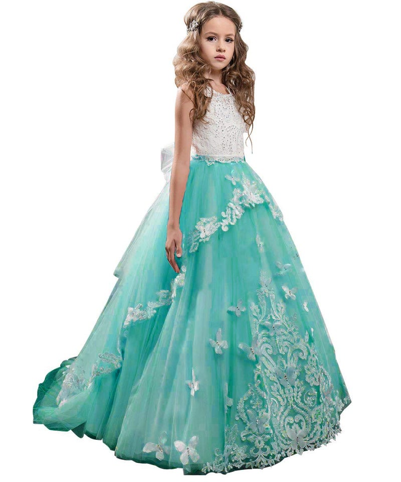 Flower Girl Dress Kids Lace Beaded Pageant Ball Gowns Size 2 B Teal