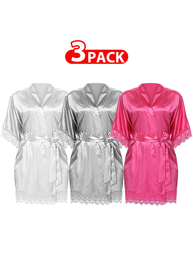 MARGOUN 3 Pack Large Size Women Satin Robe Belted Silky Robe Sleepwear Bridal Robe Kimono Lace Sleeve Nightgown /Size(cm):S(bust:76-80/waist:60-64)--M(bust:80-84/waist:64-68)--L(bust:84-88/waist:68-72)--XL(bu - Image 1