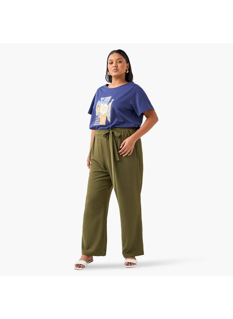 Ulla Popken Plus Size Ulla Popken Graphic Print T-shirt with Short Sleeves and Round Neck