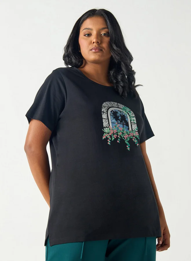 Ulla Popken Plus Size Ulla Popken Graphic Print Round Neck T-shirt with Short Sleeves