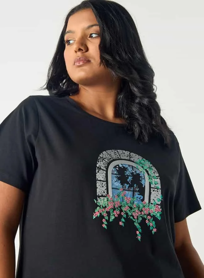 Ulla Popken Plus Size Ulla Popken Graphic Print Round Neck T-shirt with Short Sleeves