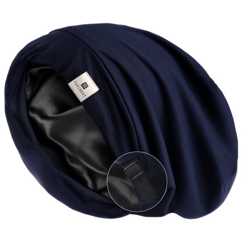 YANIBEST Silk Satin Bonnet Hair Wrap for Sleeping Adjustable Slouchy Beanie for Women Silk Lined for Curly Hair and Braids Nave Blue