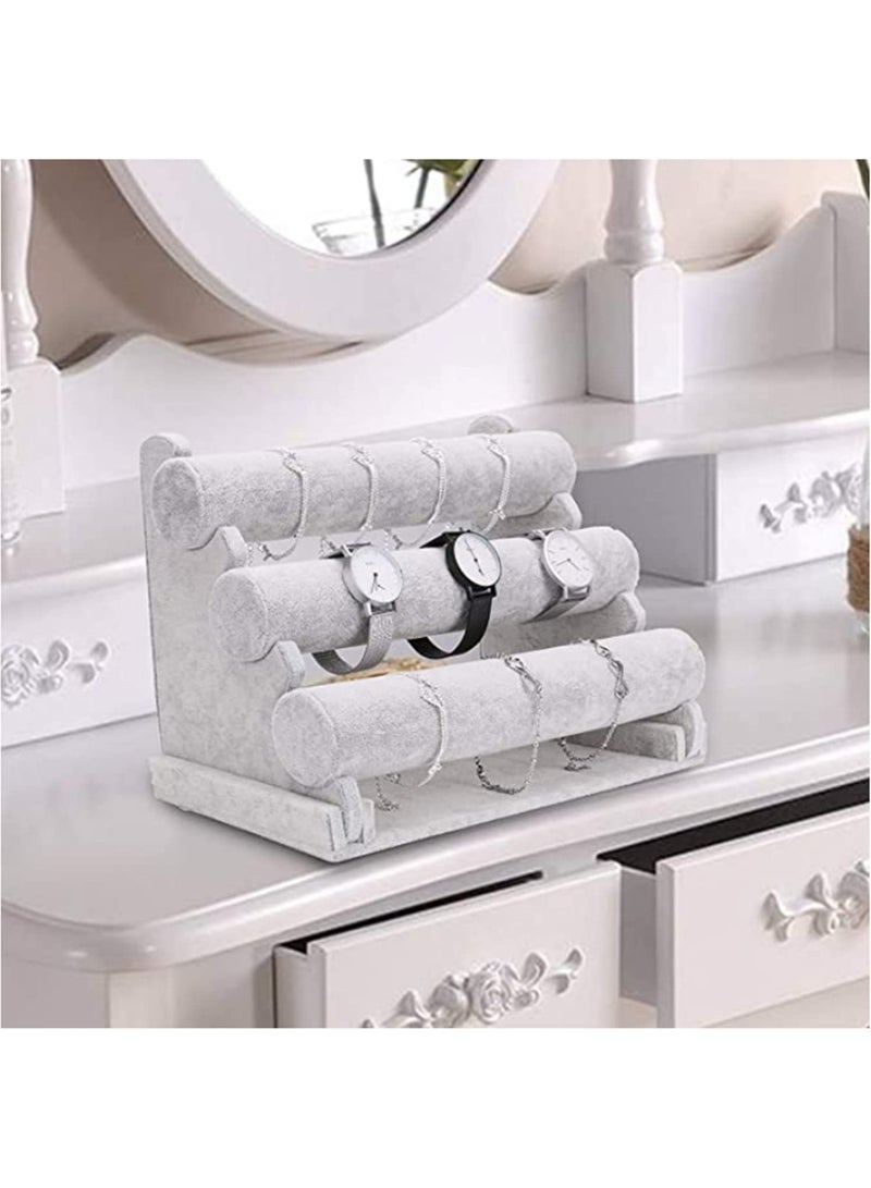 Multi-Tiers 3 Tier Velvet Jewelry Stand Bracelet Necklace Watch Holder Display Rack Stand Earring Necklace Organizer Stand Grey for Women Girls - Image 3