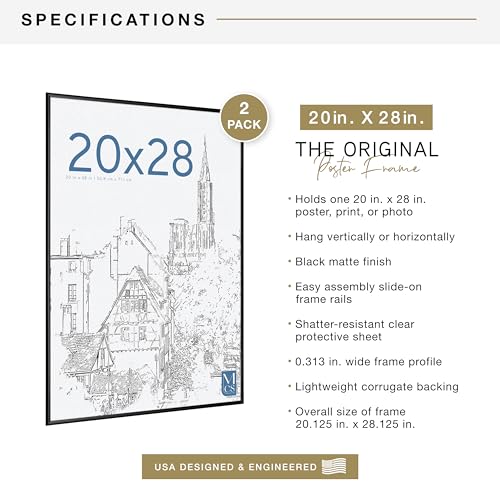 MCS Original Poster Frame 20x28 Black Lightweight Vertical & Horizontal Wall Hanging Large Picture Frame for Posters, Art Prints & Gallery Wall (2-Pack) - Image 3