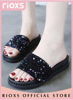 RIOXS Women's Summer Sequins Slippers, Non-Slip Open-toe Beach Sandals, Glitter Plain Sliders, Soft Thick-soled Sandals for Indoor or Outdoor Use  - Image 4