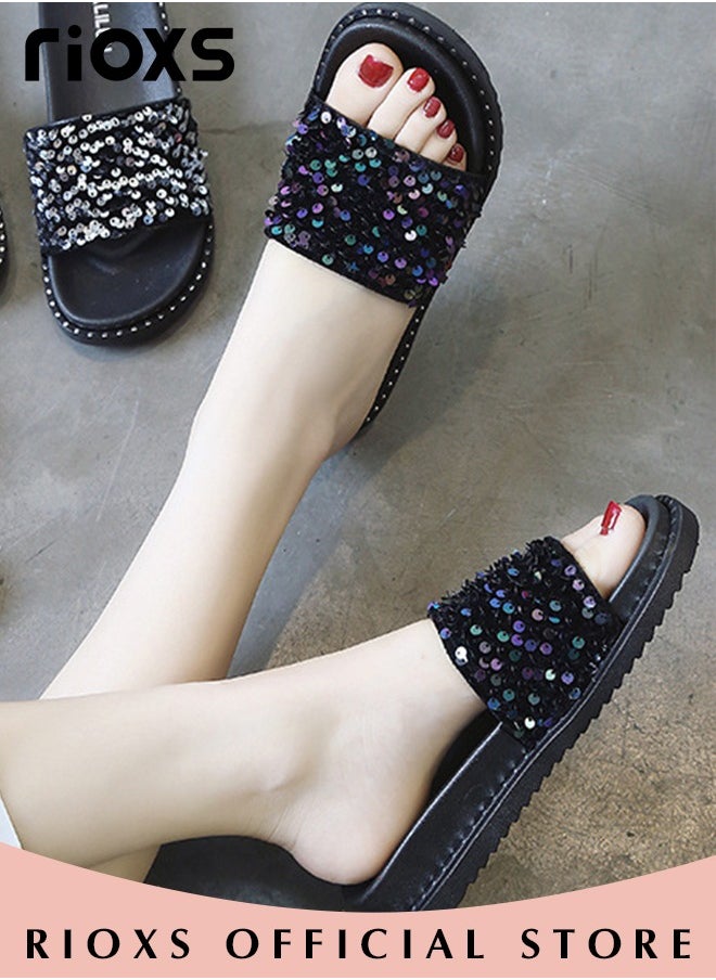 RIOXS Women's Summer Sequins Slippers, Non-Slip Open-toe Beach Sandals, Glitter Plain Sliders, Soft Thick-soled Sandals for Indoor or Outdoor Use  - Image 2