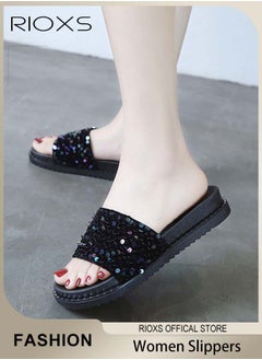 RIOXS Women's Summer Sequins Slippers, Non-Slip Open-toe Beach Sandals, Glitter Plain Sliders, Soft Thick-soled Sandals for Indoor or Outdoor Use  - Image 1