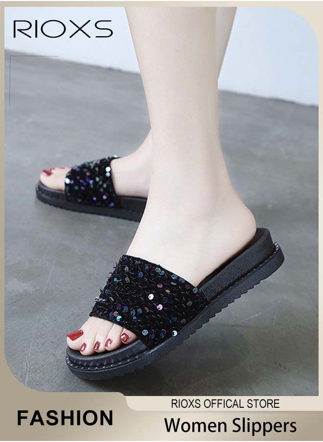 RIOXS Women's Summer Sequins Slippers, Non-Slip Open-toe Beach Sandals, Glitter Plain Sliders, Soft Thick-soled Sandals for Indoor or Outdoor Use  - Image 1