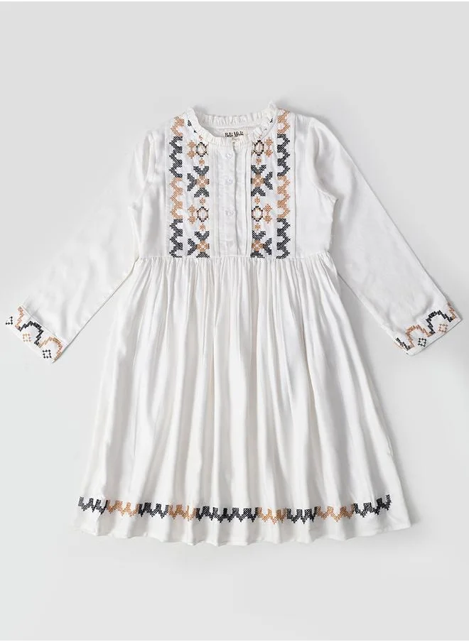 BELLA MODA Bella Moda Embroidered 3/4 Sleeves Cotton Dress with Button Front