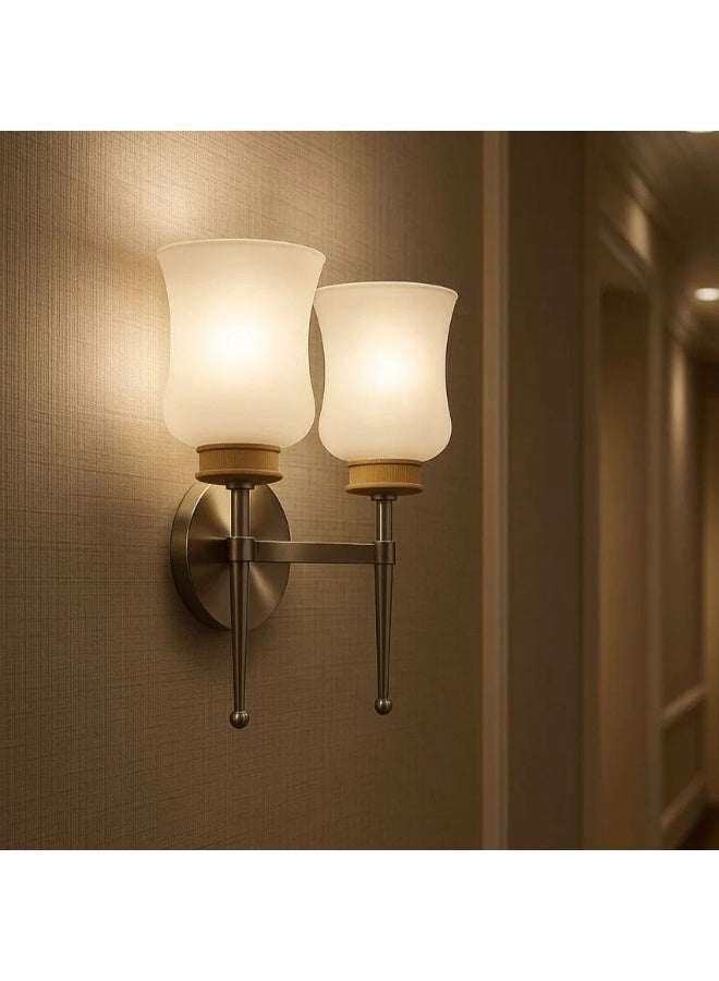 Metal wall light with luxurious wooden details and smooth glass shades using E27 bulbs for refined lighting in hallways and rooms - Image 5