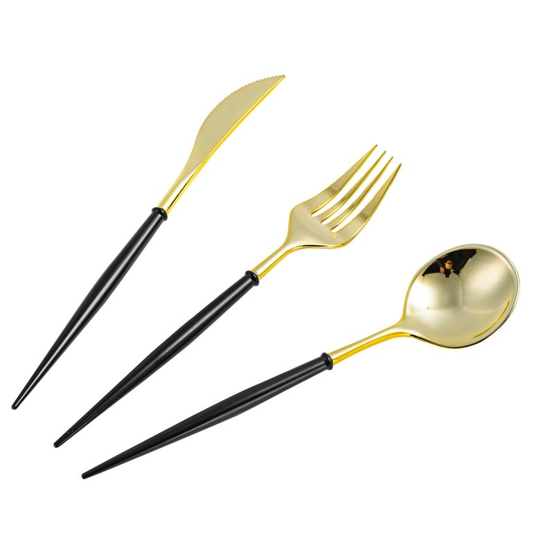 N9R 150Pcs Gold Plastic Silverware - Gold Disposable Cutlery Set with Black Handles with 50 Forks  50 Spoons and 50 Knives - Perfect for Parties Halloween  Birthdays  Wedding and Everyday Use - Image 1