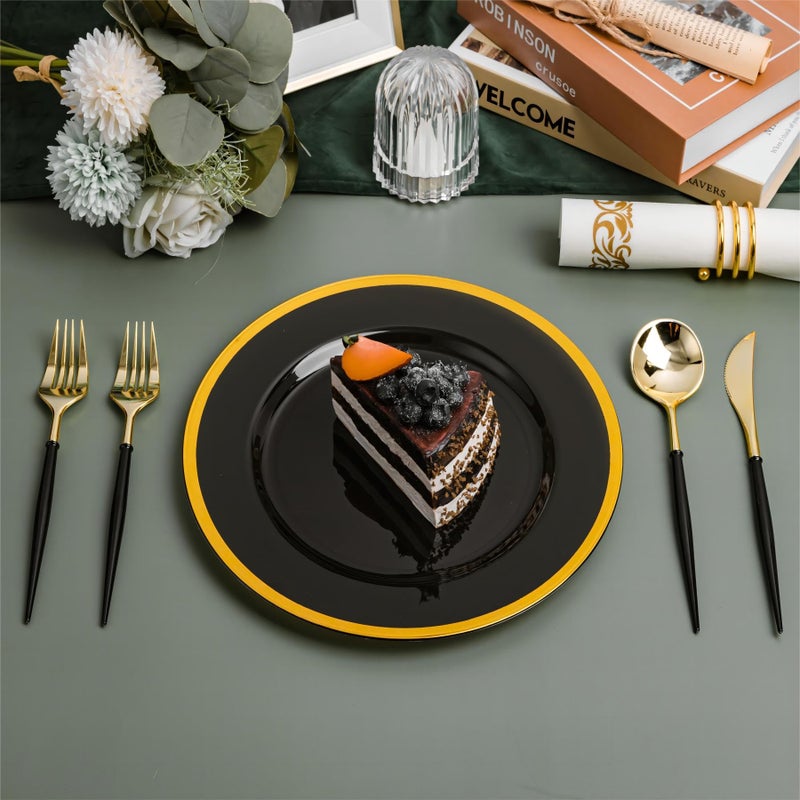 N9R 150Pcs Gold Plastic Silverware - Gold Disposable Cutlery Set with Black Handles with 50 Forks  50 Spoons and 50 Knives - Perfect for Parties Halloween  Birthdays  Wedding and Everyday Use - Image 5