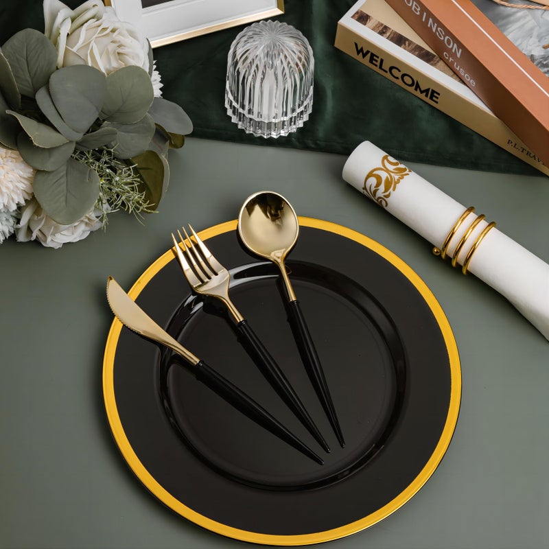 N9R 150Pcs Gold Plastic Silverware - Gold Disposable Cutlery Set with Black Handles with 50 Forks  50 Spoons and 50 Knives - Perfect for Parties Halloween  Birthdays  Wedding and Everyday Use - Image 4