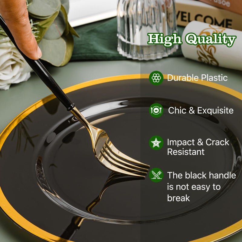 N9R 150Pcs Gold Plastic Silverware - Gold Disposable Cutlery Set with Black Handles with 50 Forks  50 Spoons and 50 Knives - Perfect for Parties Halloween  Birthdays  Wedding and Everyday Use - Image 3