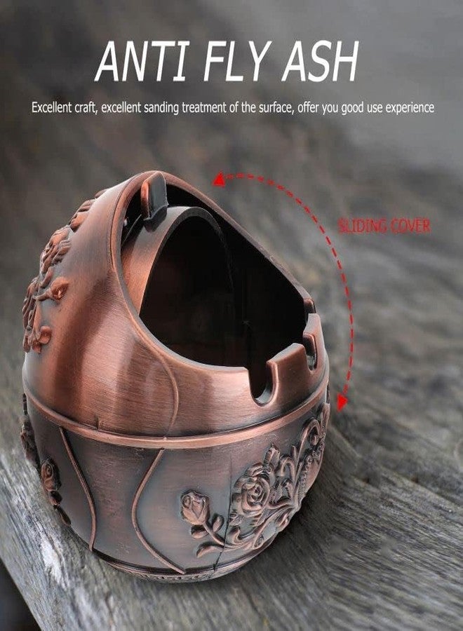 MERISH Vintage Decorative Windproof Ashtray with Lid for Cigarettes Metal Portable Cigar Ashtray Odor Eliminator Indoor outdoor Hand Carved Fancy Gift Ornament for Men Women Home Office (red copper) - Image 3