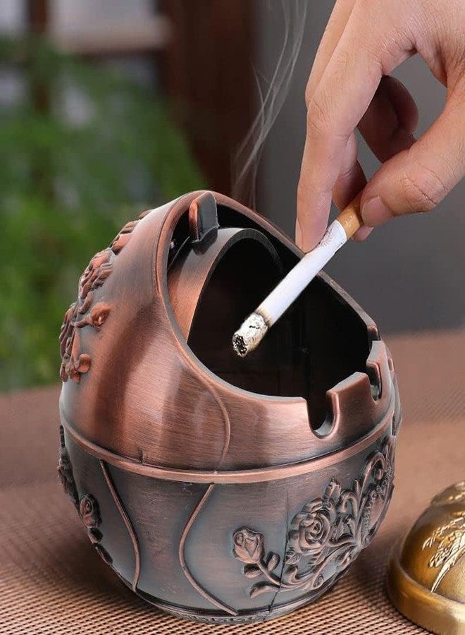 MERISH Vintage Decorative Windproof Ashtray with Lid for Cigarettes Metal Portable Cigar Ashtray Odor Eliminator Indoor outdoor Hand Carved Fancy Gift Ornament for Men Women Home Office (red copper) - Image 2