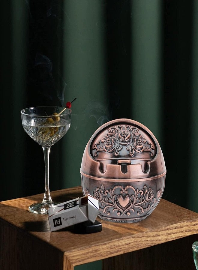 MERISH Vintage Decorative Windproof Ashtray with Lid for Cigarettes Metal Portable Cigar Ashtray Odor Eliminator Indoor outdoor Hand Carved Fancy Gift Ornament for Men Women Home Office (red copper) - Image 5