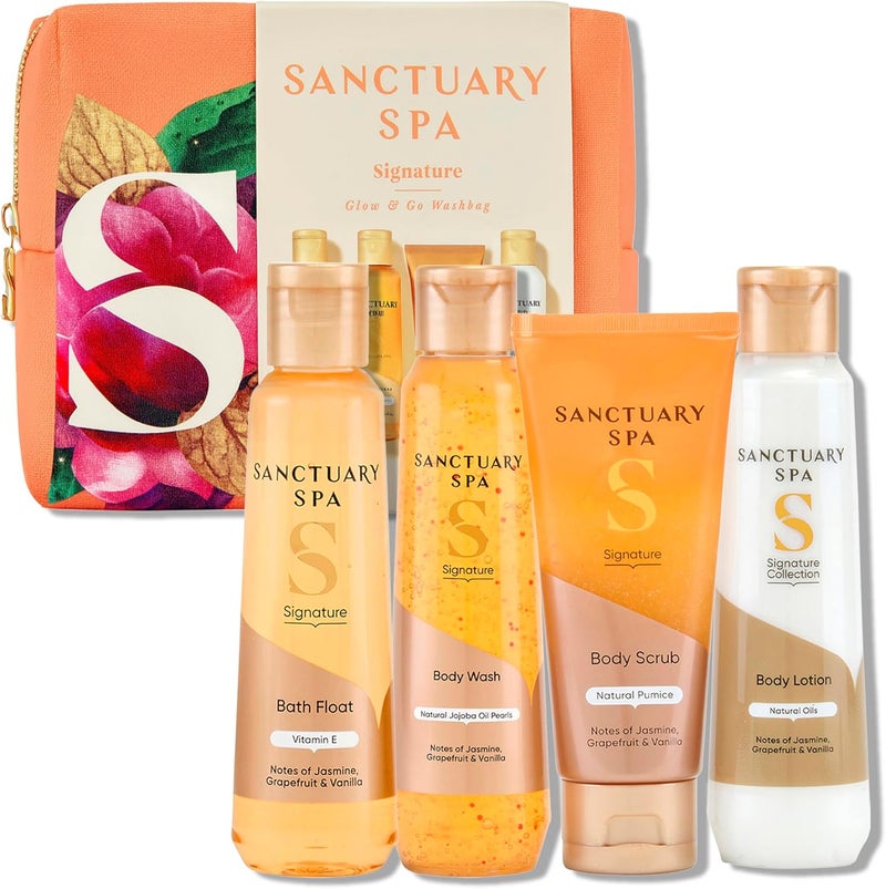 SANCTUARY Spa Signature Glow Go Washbag Luxury TravelSize Skincare Gift Set for Women with Body Wash Scrub Lotion Perfect for Pampering Self Care Christmas