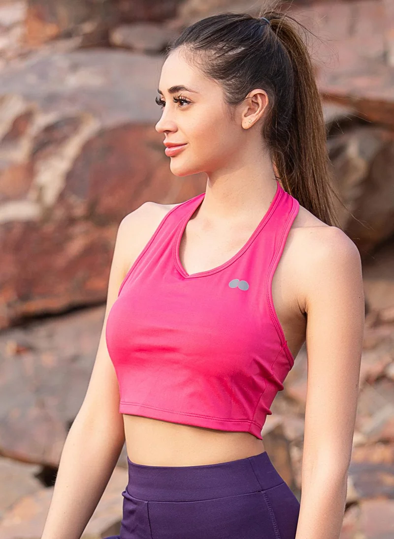 Clovia Clovia Snug Fit Active Halterneck Crop Top in Hot Pink