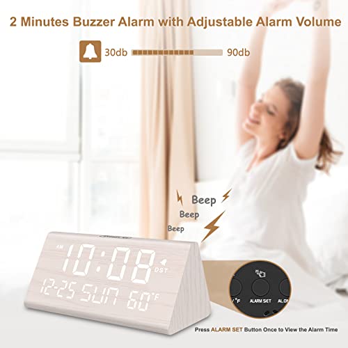 DreamSky Digital Alarm Clocks for Bedrooms - Wooden Desk Clock with Date, Day of Week, USB Port, Temperature, Dimmer for Bedside Table, Living Room, Office, Adjustable Volume, Auto DST, Wood Decor - Image 3