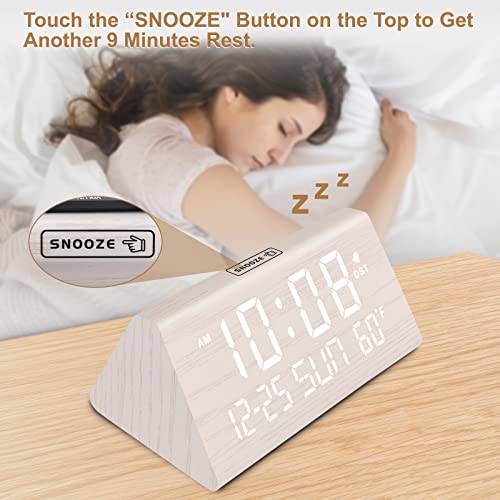 DreamSky Digital Alarm Clocks for Bedrooms - Wooden Desk Clock with Date, Day of Week, USB Port, Temperature, Dimmer for Bedside Table, Living Room, Office, Adjustable Volume, Auto DST, Wood Decor - Image 4