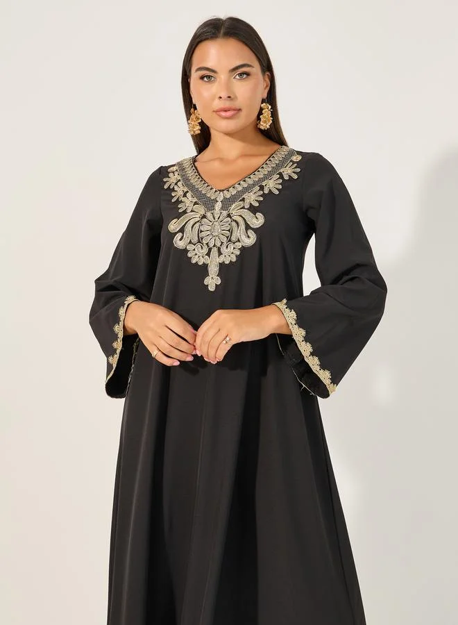 Take Two Embroidered V Neck A-Line Jalabiya by Styli