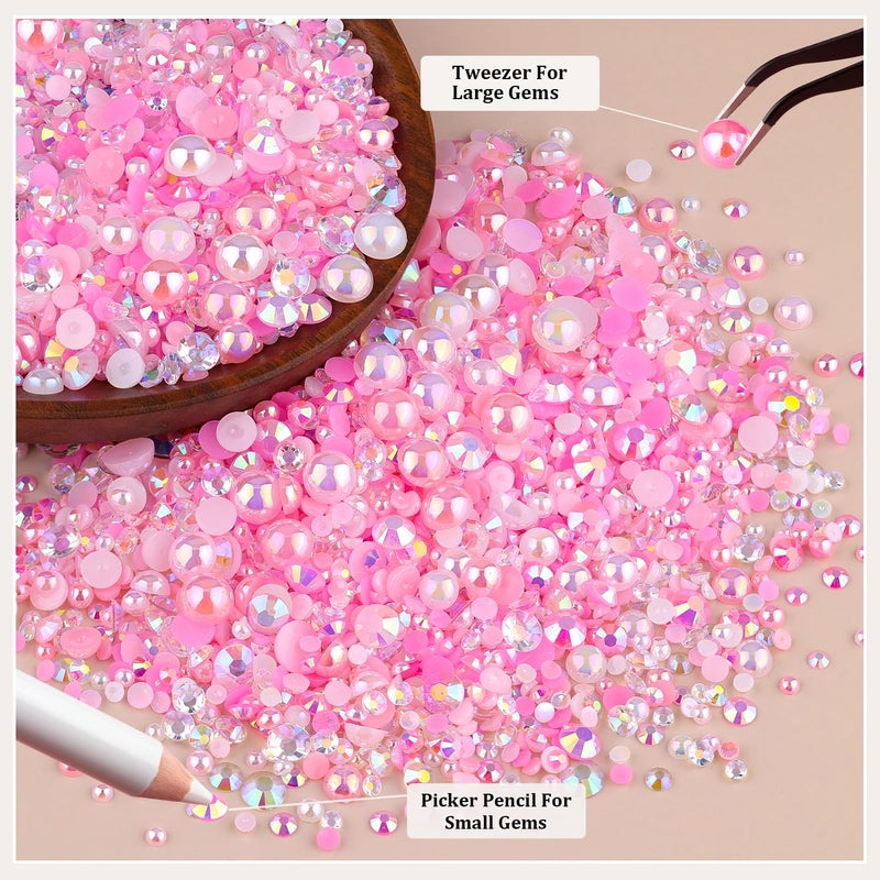 TINKRSTUFF 14000PCS Flatback Pearls and Pink Rhinestones for Bedazzling Kit, Pink White Mixed Size 3-8mm Resin Rhinestones and Half Pearls Gems for Crafting, Nail Art and Grad Cap Decoration - Image 4