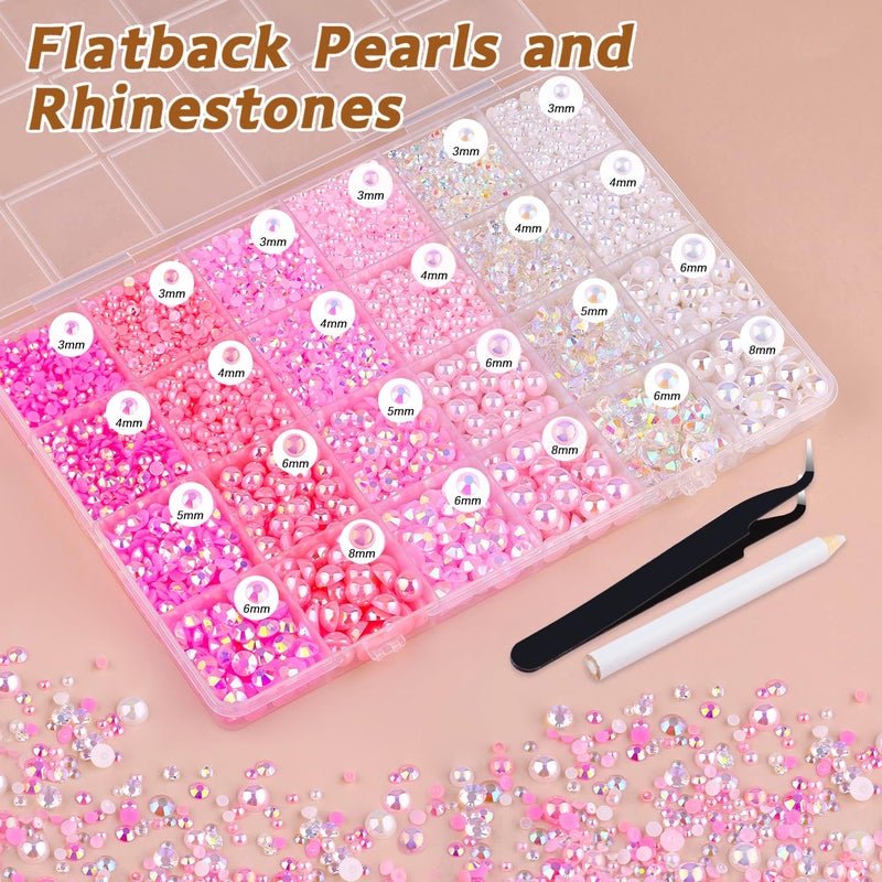 TINKRSTUFF 14000PCS Flatback Pearls and Pink Rhinestones for Bedazzling Kit, Pink White Mixed Size 3-8mm Resin Rhinestones and Half Pearls Gems for Crafting, Nail Art and Grad Cap Decoration - Image 3