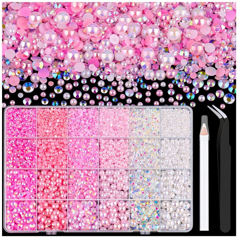TINKRSTUFF 14000PCS Flatback Pearls and Pink Rhinestones for Bedazzling Kit, Pink White Mixed Size 3-8mm Resin Rhinestones and Half Pearls Gems for Crafting, Nail Art and Grad Cap Decoration - Image 1