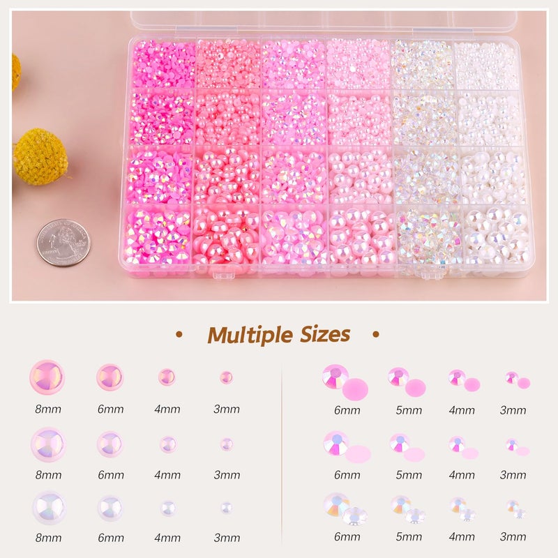 TINKRSTUFF 14000PCS Flatback Pearls and Pink Rhinestones for Bedazzling Kit, Pink White Mixed Size 3-8mm Resin Rhinestones and Half Pearls Gems for Crafting, Nail Art and Grad Cap Decoration - Image 2