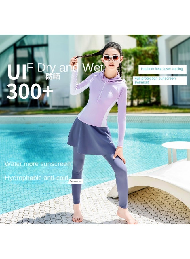 XTEP Children's Two-piece Swimsuit For Girls, Long Sleeve Sun Protection Set, Comfortable High Elasticity, Teen Student Beach Vacation Swimsuit - Image 2