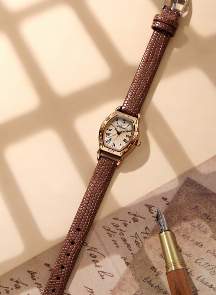 ABORNI Vintage Women’s Barrel-Shaped Quartz Watch, Elegant Leather Strap, Retro Small Dial, Daily Waterproof - Image 2