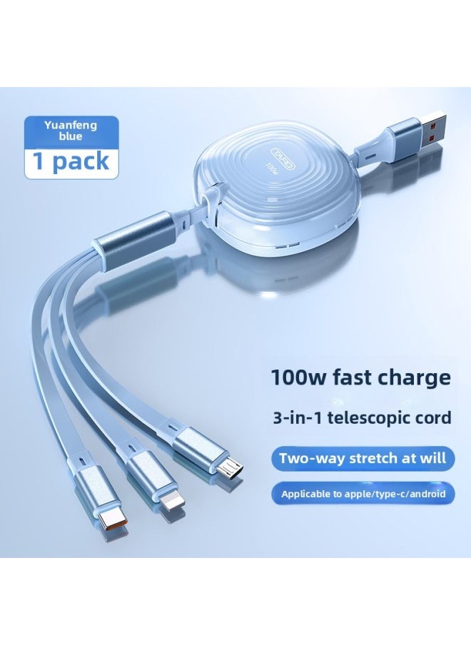 Generic [100W Super Fast Charge] Three-in-One Data Cable Telescopic One-to-Three Charger Cable Applicable To For Apple For Huawei Security-Color:Yuanfeng Blue [100w Super Fast Charge] 99% Full In 28 Minutes◆Upgraded Glue Version◆1 Pack  - Image 1