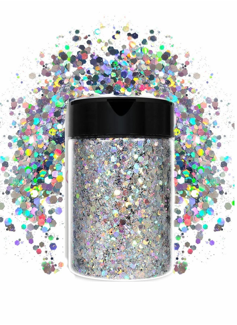 Y&D Holographic Chunky Glitter, 3.5oz/ 100g Silver Craft Glitter Powder Mixed Fine Flakes Iridescent Nail Sequins for Art, Hair, Epoxy Resin, Tumblers, Slime, Painting, Festival Decor  - Image 1