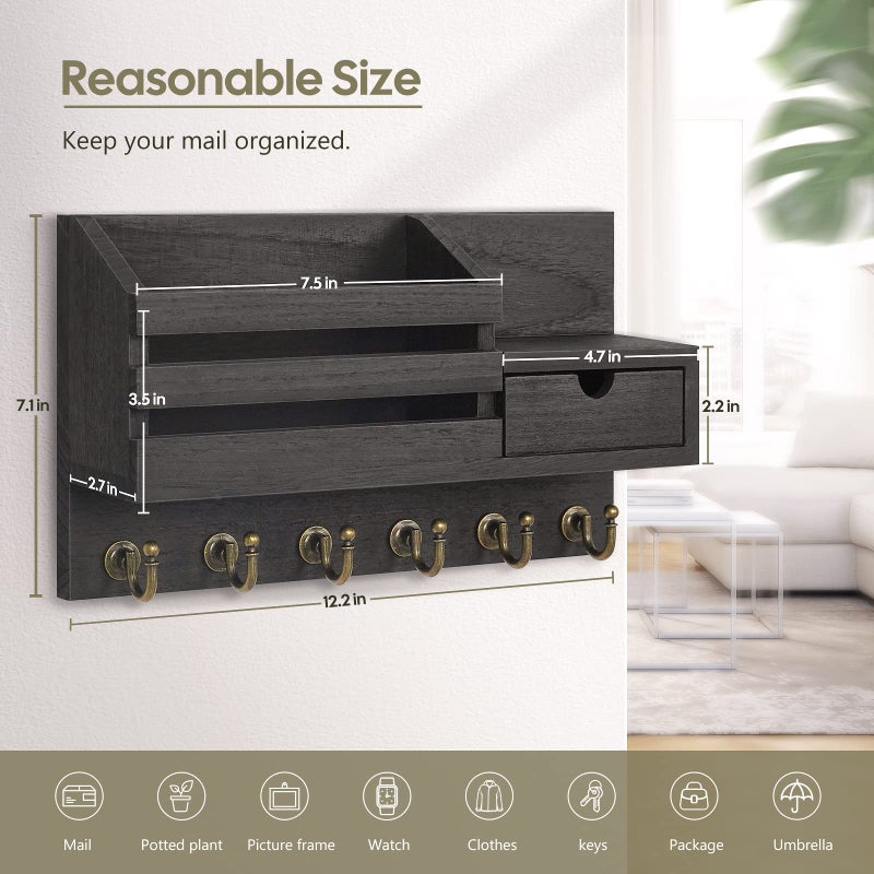 FifthQuarter Key and Mail Holder for Wall, Mail Organizer Wall Mount with 6 Hooks and Storage Drawer, Easy Installation Key Rack for Entryway and Home Decor (A-Black) - Image 2