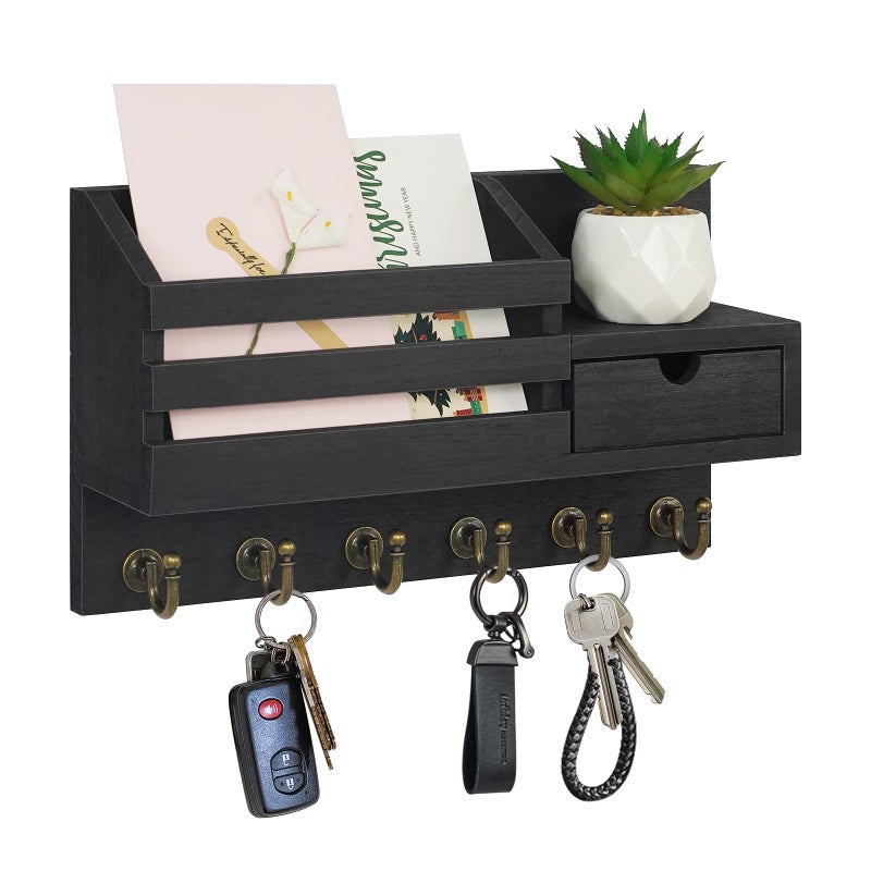FifthQuarter Key and Mail Holder for Wall, Mail Organizer Wall Mount with 6 Hooks and Storage Drawer, Easy Installation Key Rack for Entryway and Home Decor (A-Black) - Image 1