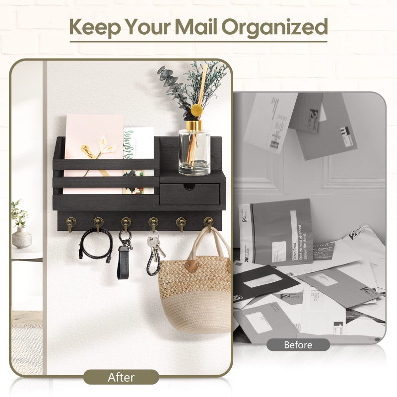 FifthQuarter Key and Mail Holder for Wall, Mail Organizer Wall Mount with 6 Hooks and Storage Drawer, Easy Installation Key Rack for Entryway and Home Decor (A-Black) - Image 3