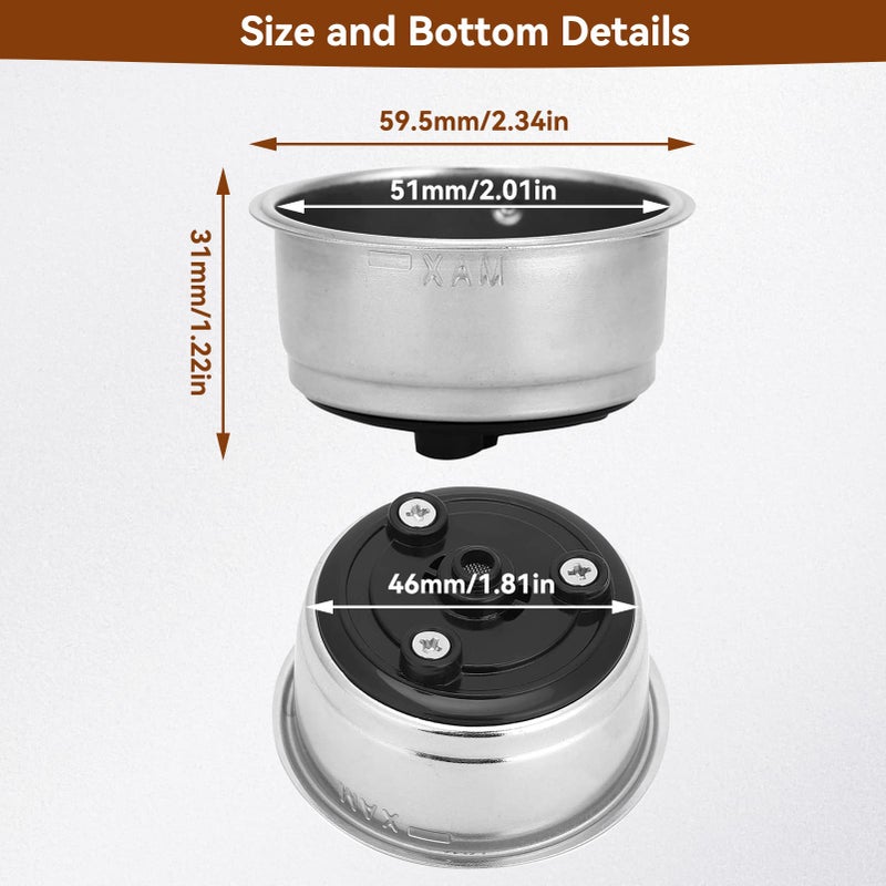 Agatige 51mm 2 Cups Portafilter Filter Basket, Stainless Steel Pressurized Mesh Coffee Filters Bottomless Portafilter Coffee Machines Accessories for Semi-Automatic Coffee Machine Series(2 Cup) - Image 4
