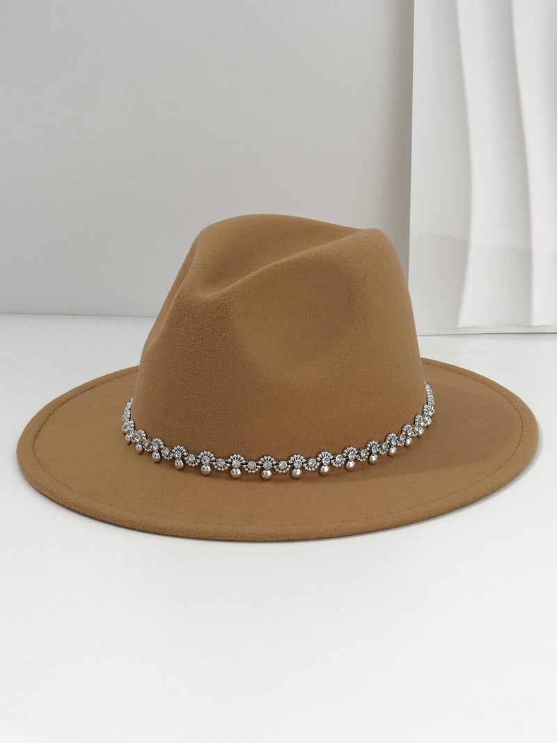 Men'S And Women'S Felt Topper Hat Vintage Flat-Brimmed Hat Flower Rhinestone Round Gem Bohemia Suitable For Wedding Celebration - Image 1