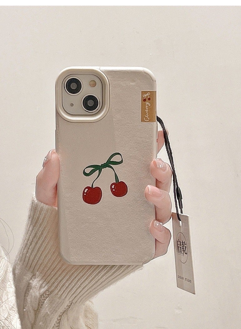 NIBEMINENT White Leather Wine Red Cherry Protective TPU Case Cover For iPhone 14, Big Cherry