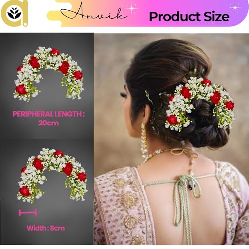 ANVIK Hair Accessories Fancy Party Bridal Wedding Fabric/Artificial Rose Flower Bun Juda Hair Gajra For Women's Flower Hair Accessory Veni For Hair For Bride (RED) - Image 4