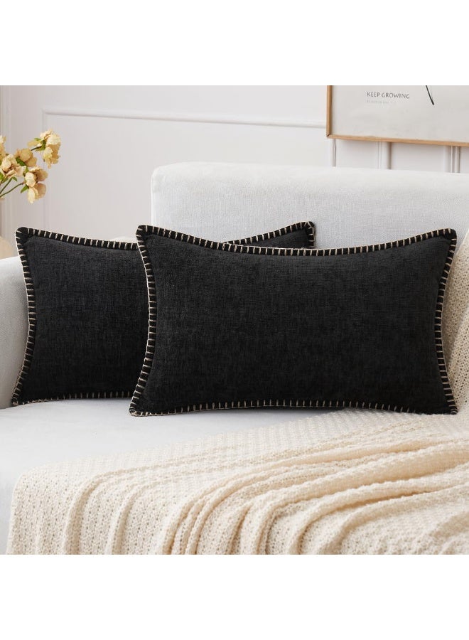 Chenille Soft Cozy Throw Pillow Covers 12x20 Set of 2, Modern Farmhouse Boho Velvet Decorative Pillow Cases with Stitched Edge for Couch Sofa Bed Home Decor, Black - Image 1
