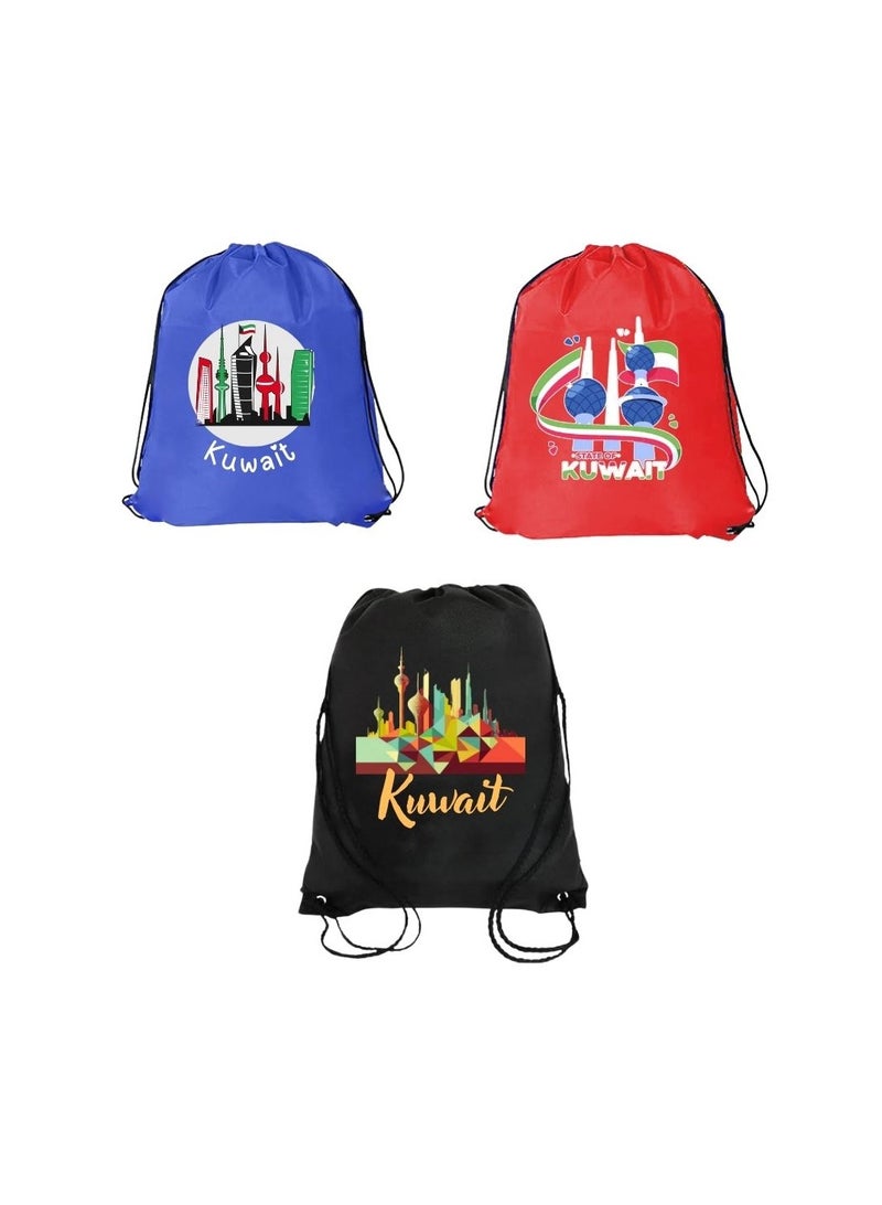 PRINTSHOP4ME Pack Of 3 Drawstring Bags With Kuwait Design For Kids And Adults-Durable Sports Backpack,Great For School And Everyday Use,Lightweight With National Day For Outdoor - Image 1