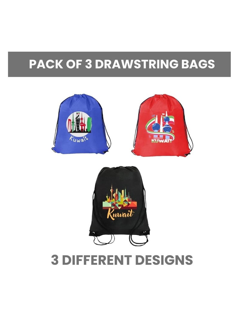 PRINTSHOP4ME Pack Of 3 Drawstring Bags With Kuwait Design For Kids And Adults-Durable Sports Backpack,Great For School And Everyday Use,Lightweight With National Day For Outdoor - Image 2